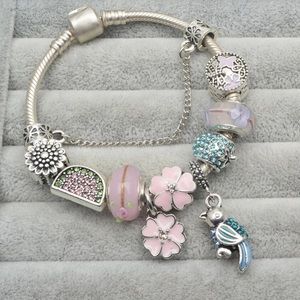 NEW Sterling Silver Summer Pink Cute Bird  Charm Bracelet